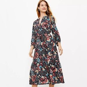 LOFT Shimmer Paisley Tie Neck Midi Dress Medium Tiered Layered Lined